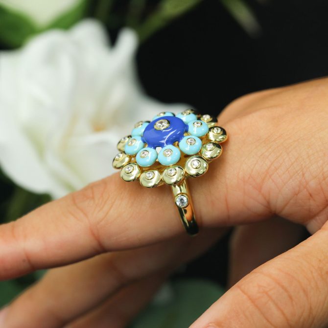 925 Silver Gold-Plated High Carbon Diamond Gold Foil Beads Lapis Lazuli Vintage Ring – Elegant & Timeless Design - Image 3