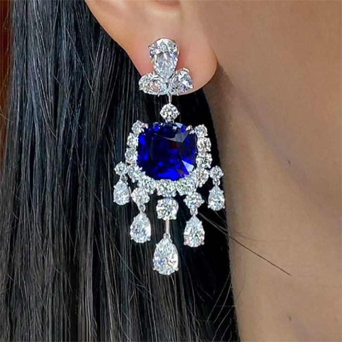 925 Silver Gold-Plated High Carbon Diamond Cultured Cobalt Tip Crystal Evening Earrings – Luxurious & Sophisticated Design - Image 3
