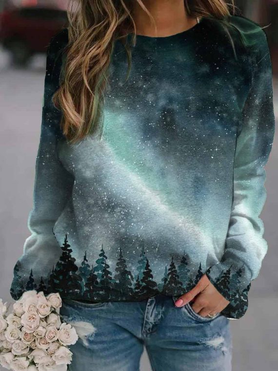 Casual Long Sleeve Crew Neck Landscape 3D Printed Sweatshirt