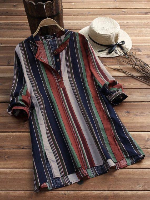 Coffee Stripe Buttons Stand Collar Long Sleeve Blouse