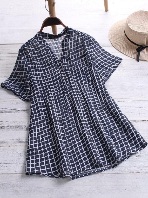 Blue Plaid Buttons Stand Collar Short Sleeve Blouse