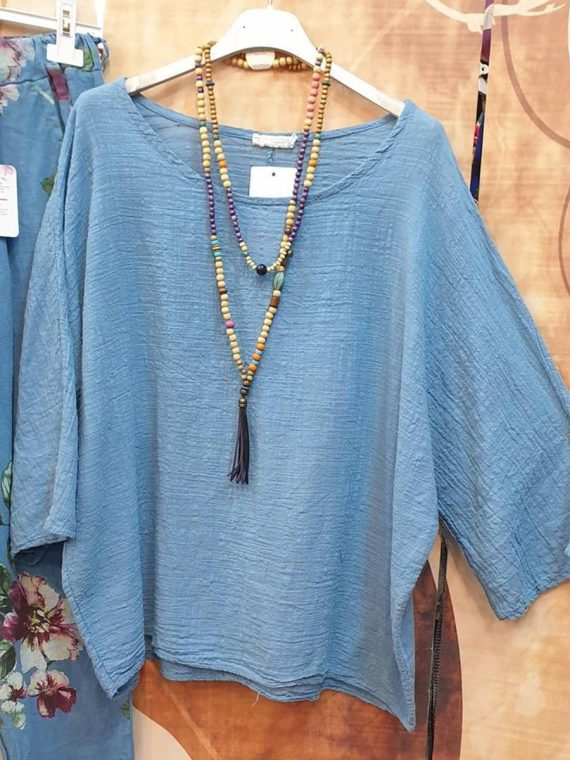 Blue Printed Comfortable Loose 3/4 Sleeve Two Piece Suit - Image 2