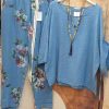 Blue Printed Comfortable Loose 3/4 Sleeve Two Piece Suit