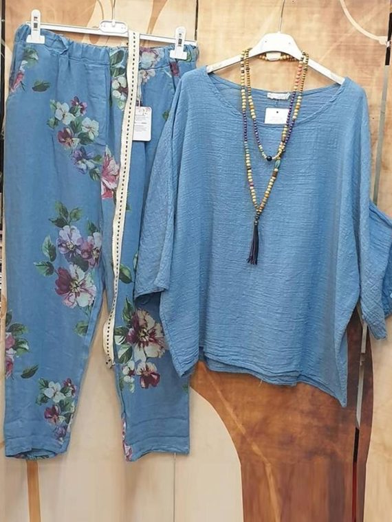 Blue Printed Comfortable Loose 3/4 Sleeve Two Piece Suit