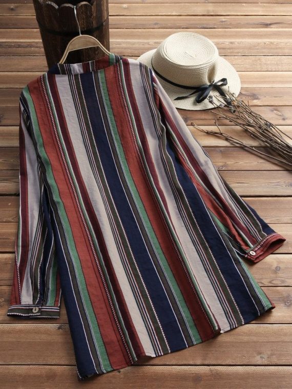 Coffee Stripe Buttons Stand Collar Long Sleeve Blouse - Image 2