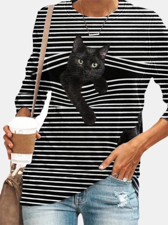 Casual Stripe Cat Print Casual Round Neck Long Sleeve T-shirt