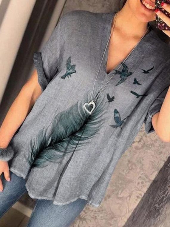 Casual V-neck Plant Print Casual Short Sleeve Blouse - Image 2
