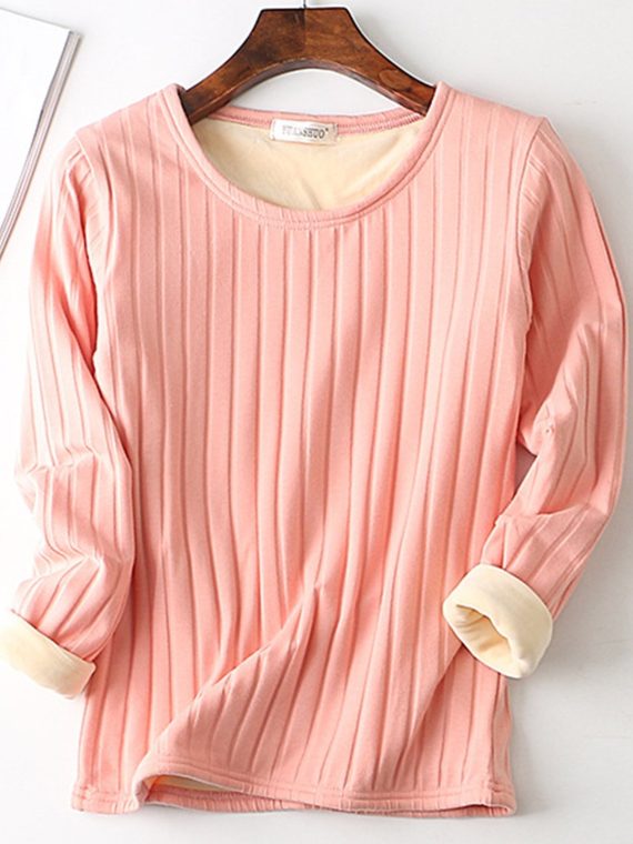 Black Solid Cashmere Round Neck Long Sleeve Warm Tops - Image 6