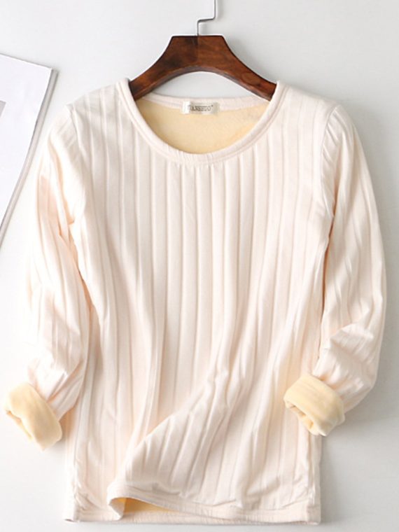 Black Solid Cashmere Round Neck Long Sleeve Warm Tops - Image 5