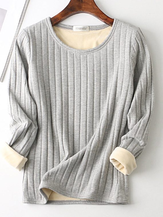 Black Solid Cashmere Round Neck Long Sleeve Warm Tops - Image 7