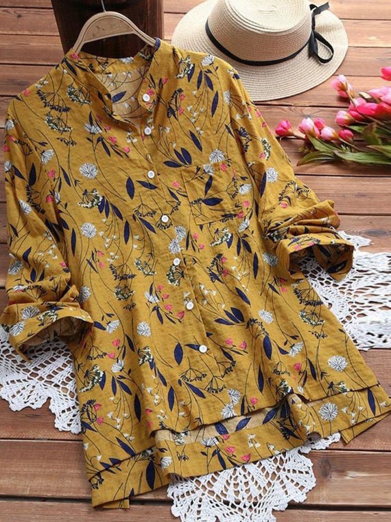 Casual Long Sleeve Floral Printed Collared Blouse & Shirts - Image 3