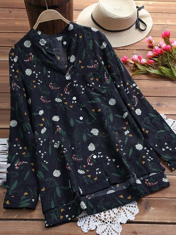 Casual Long Sleeve Floral Printed Collared Blouse & Shirts