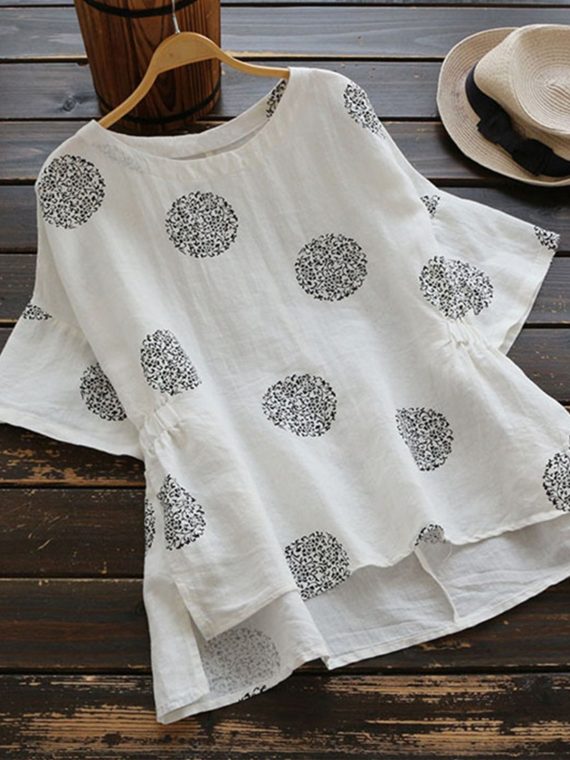 Crew Neck Polka Dot Print Casual Half Sleeve Shirts & Tops
