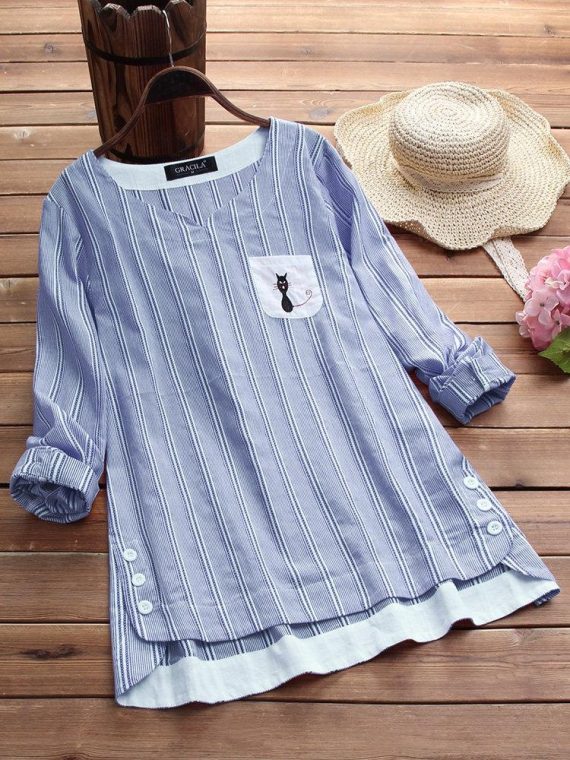 Blue O-neck Stripe with Pockets Casual Long Sleeve Shirts & Tops