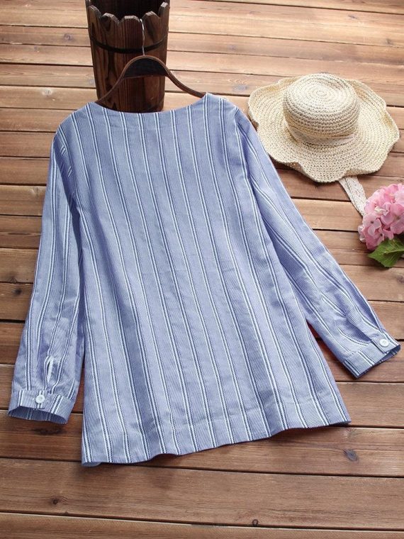 Blue O-neck Stripe with Pockets Casual Long Sleeve Shirts & Tops - Image 2