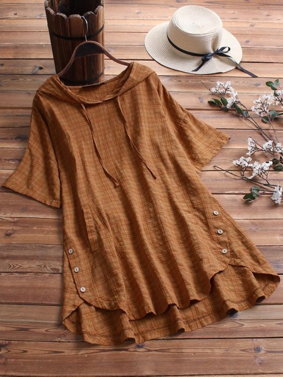 Casual Tops 3/4 Sleeve Hooded Blouse With Pockets - Image 9