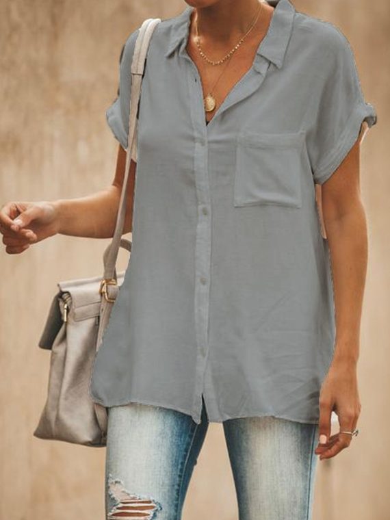 Casual Short Sleeve Collared Tops Solid Color Shirts With Pocket - Image 3