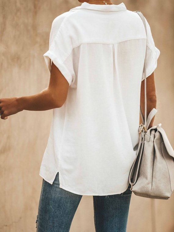 Casual Short Sleeve Collared Tops Solid Color Shirts With Pocket - Image 2