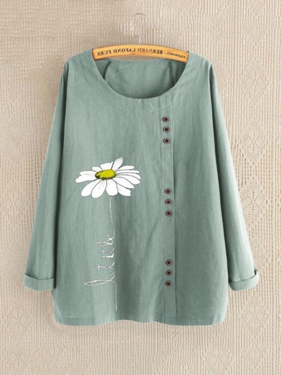 Casual O-neck Floral Print Buttons Casual Long Sleeve Shirts & Tops