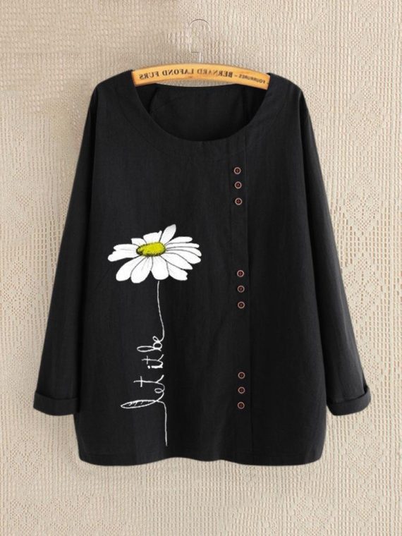 Casual O-neck Floral Print Buttons Casual Long Sleeve Shirts & Tops - Image 7