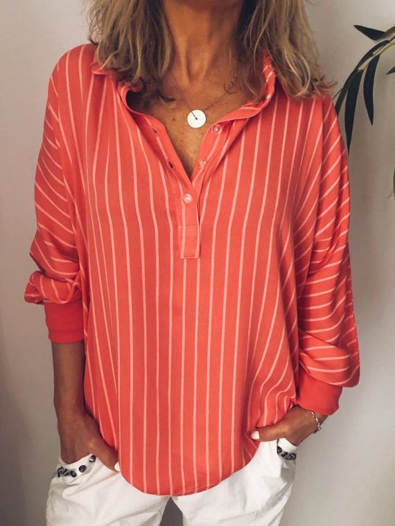 Casual Tops Long Sleeve Stripe Collared Shirts With Button