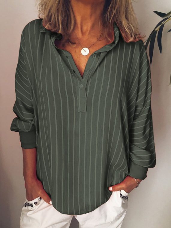 Casual Tops Long Sleeve Stripe Collared Shirts With Button - Image 3