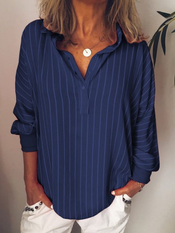 Casual Tops Long Sleeve Stripe Collared Shirts With Button - Image 2
