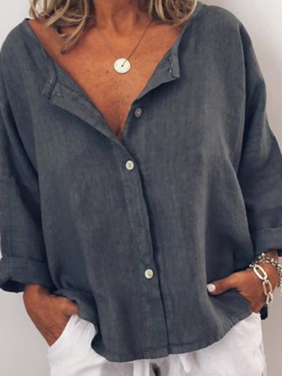 Deep Gray Round Neck Plain Buttons Casual Long Sleeve Blouse