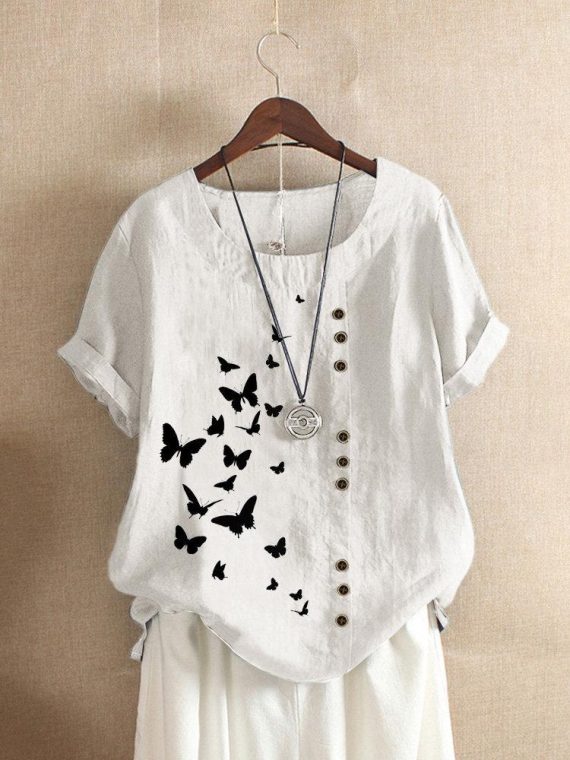 Cute O-neck Casual Short Sleeve Butterfly Printed T-shirt