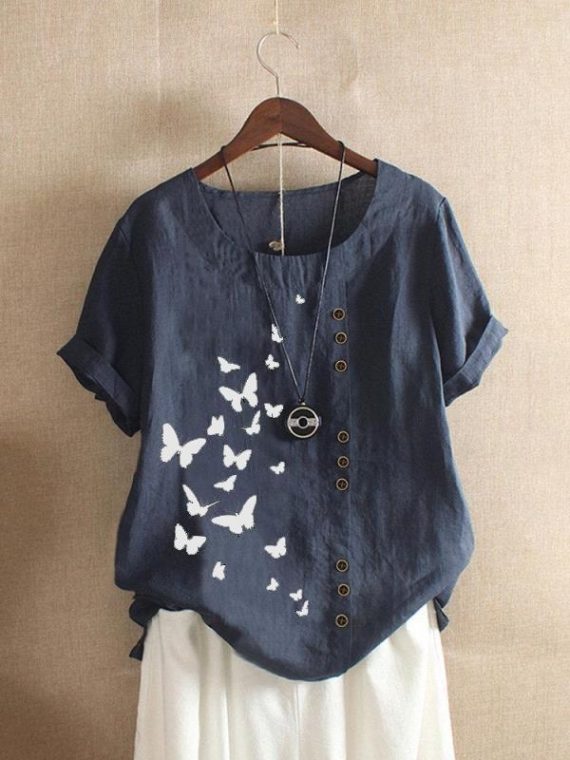 Cute O-neck Casual Short Sleeve Butterfly Printed T-shirt - Image 2