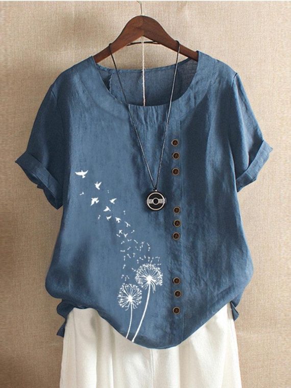 Blue O-neck Floral Print Casual Short Sleeve T-shirt