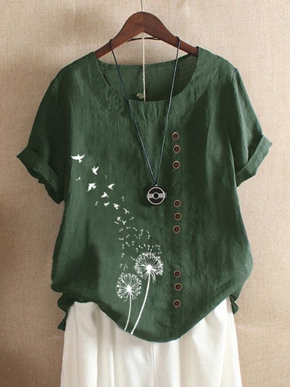 Blue O-neck Floral Print Casual Short Sleeve T-shirt - Image 3