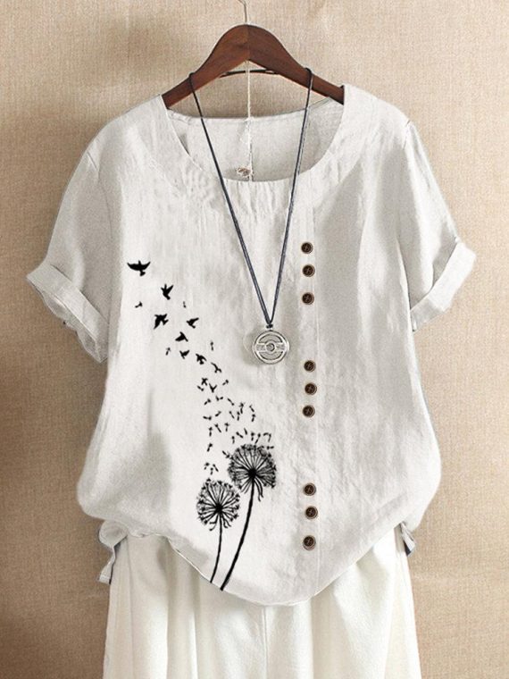 Blue O-neck Floral Print Casual Short Sleeve T-shirt - Image 2