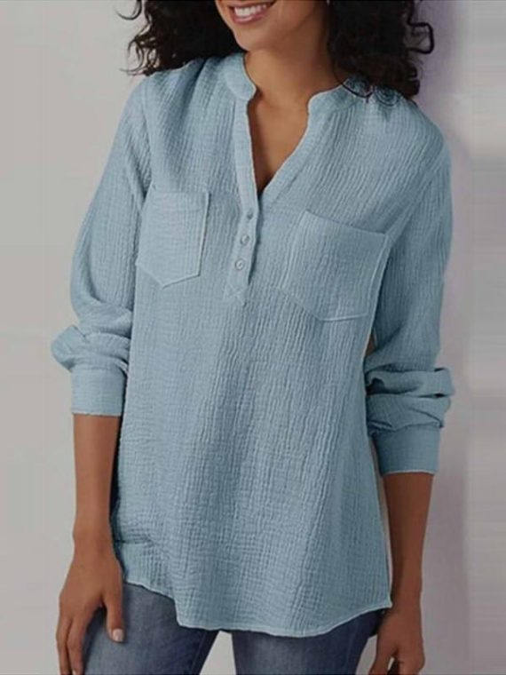 Casual Tops Long Sleeve V-neck Shirts With Pockets