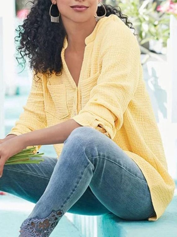 Casual Tops Long Sleeve V-neck Shirts With Pockets - Image 9