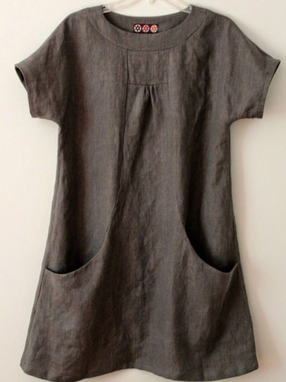 Casual Round Neck Plain with Pockets Short Sleeve Blouse - Image 6