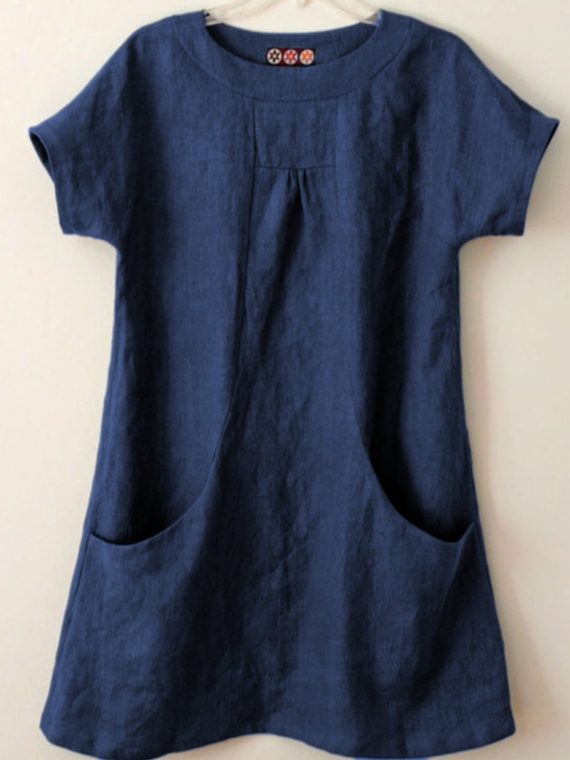 Casual Round Neck Plain with Pockets Short Sleeve Blouse - Image 5