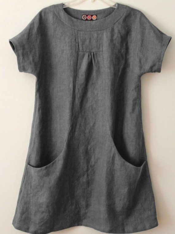 Casual Round Neck Plain with Pockets Short Sleeve Blouse - Image 4
