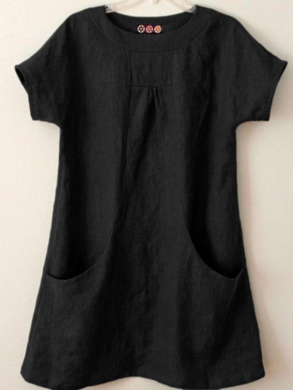 Casual Round Neck Plain with Pockets Short Sleeve Blouse - Image 2