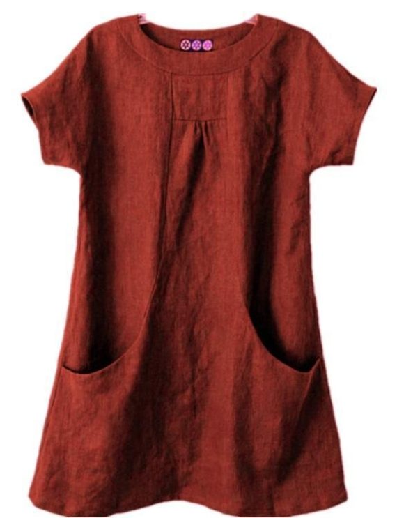 Casual Round Neck Plain with Pockets Short Sleeve Blouse - Image 3
