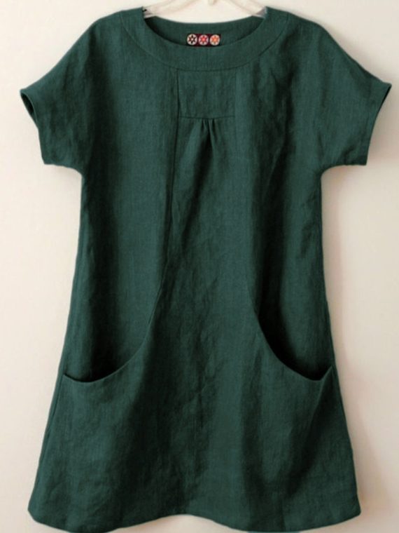 Casual Round Neck Plain with Pockets Short Sleeve Blouse