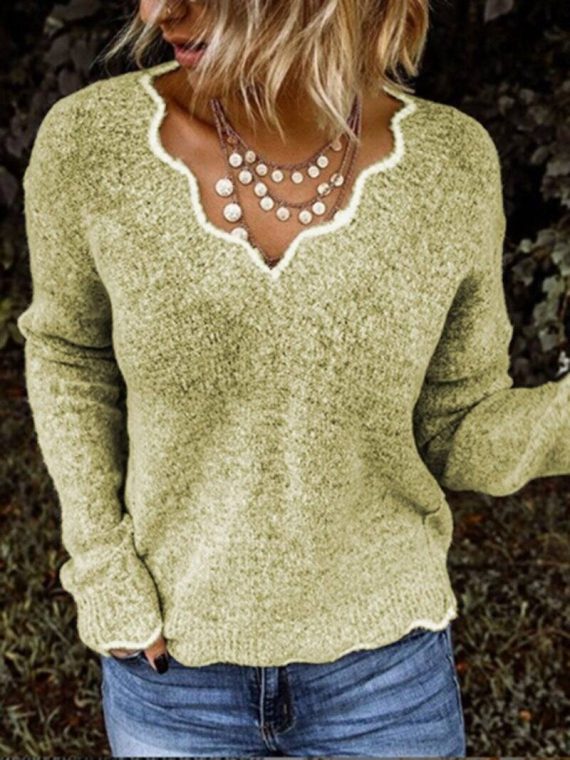 Casual Tops Long Sleeve V-neck Solid Color Sweater - Image 4