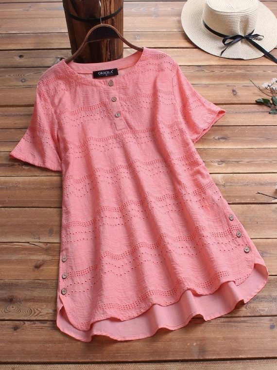 Bohemian Pullover Embroidery Casual Short Sleeve Blouse With Button - Image 4