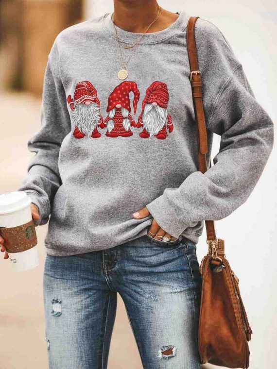 Casual Graphic Tops Round Neck Long Sleeve Gnomes Printed Sweatshirts for Christmas