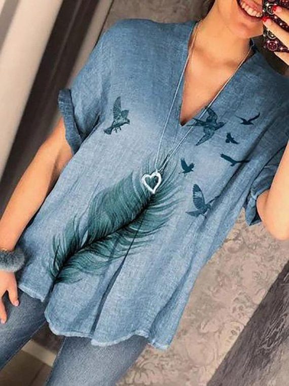Casual V-neck Plant Print Casual Short Sleeve Blouse