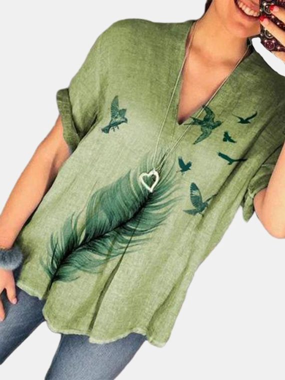 Casual V-neck Plant Print Casual Short Sleeve Blouse - Image 3