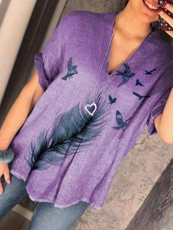 Casual V-neck Plant Print Casual Short Sleeve Blouse - Image 4