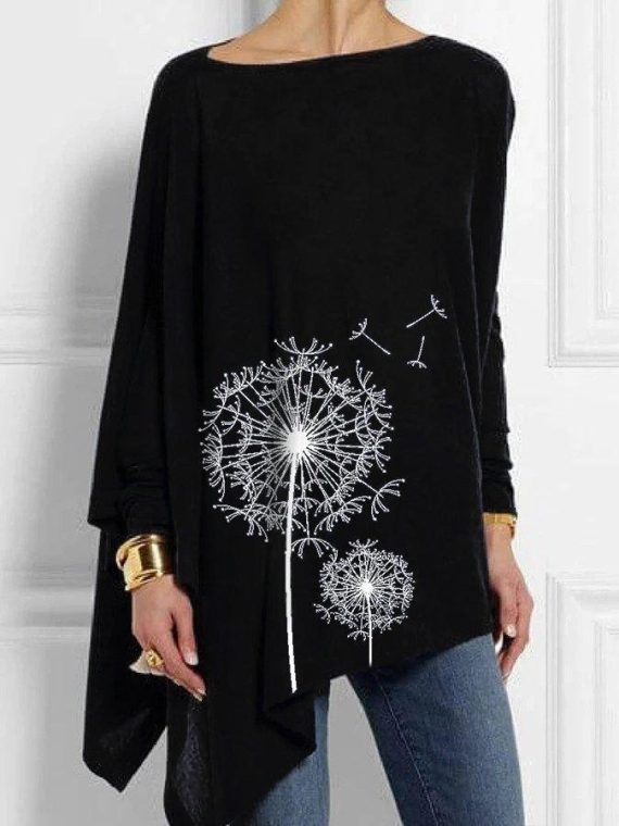 Black Sheer Neck Casual Floral Print Long Sleeve Tops