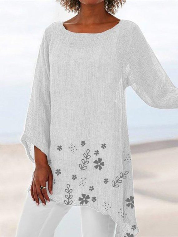 Crew Neck Printed Daily Long Sleeve Blouse - Image 2