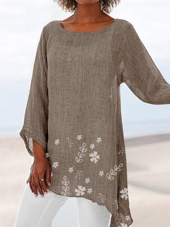 Crew Neck Printed Daily Long Sleeve Blouse - Image 4